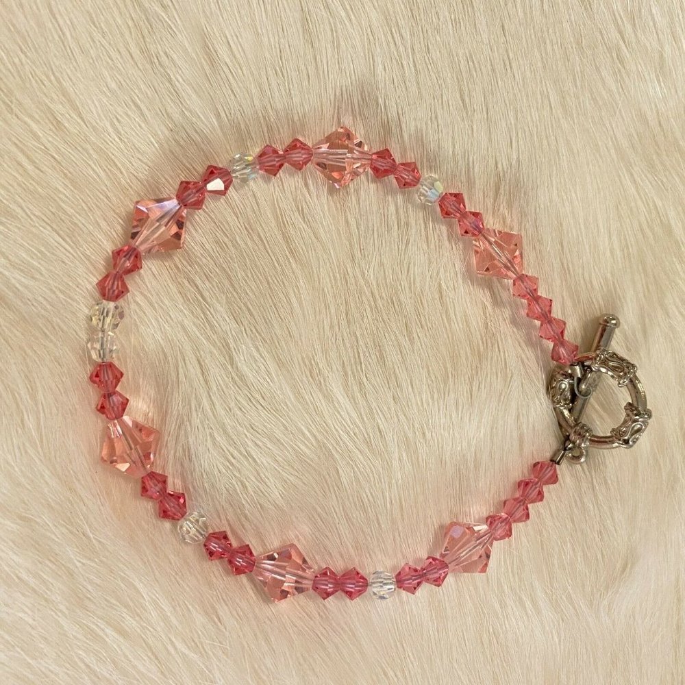Fairy Pink Clear Glass Bead Bracelet Silver Tone Coquette Whimsy Boho 6646 - Picture 4 of 9
